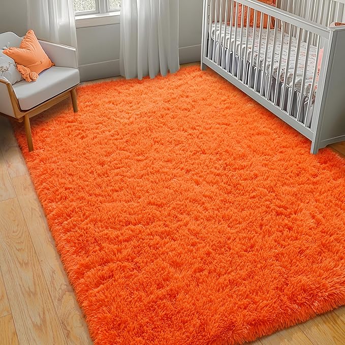 Orange Shag Rug for Bedroom, 4x5.9 Feet Fluffy Area Rugs for Living Room and Nursery, Soft and Comfy, Fuzzy Carpet for Girls Boys Kids Dorm Home Decor Aesthetic, Upgrade Non Slip