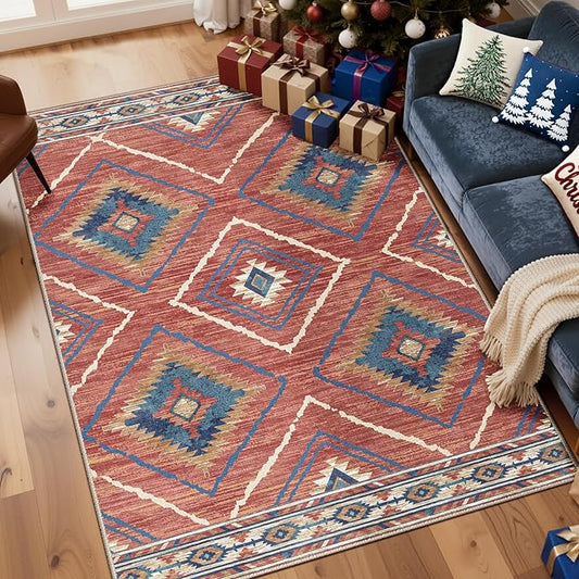 Area Rug 5x7 Rug Machine Washable Non-Slip Low Pile Print Pattern Western Rug for Living Room Bedroom Entryway Tribal Series -Red/Orange