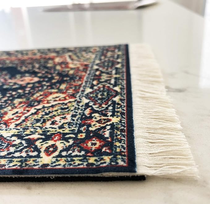 3-Piece Carpet-Style Desk Set – Navy Blue Mouse Pad, Mini Rug Coaster & Bookmark, Colorful Elegant Office Accessories, Novelty Gift