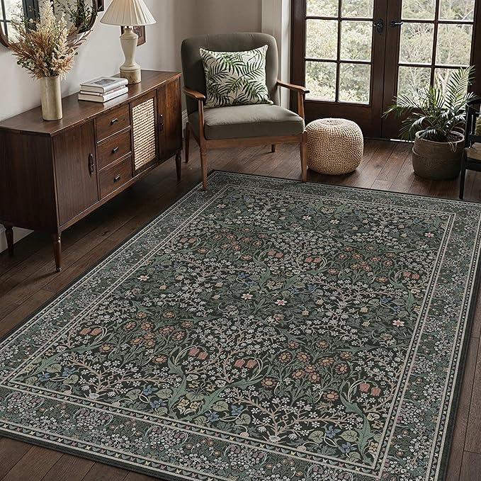HUGEAR Vintage Floral Machine Washable 5x7 Area Rugs Black Green Living Room Bedroom Rug Retro Neutral Stain Resistant Non Slip Low Pile Throw Carpet for Office Dining Aesthetic Modern Decor