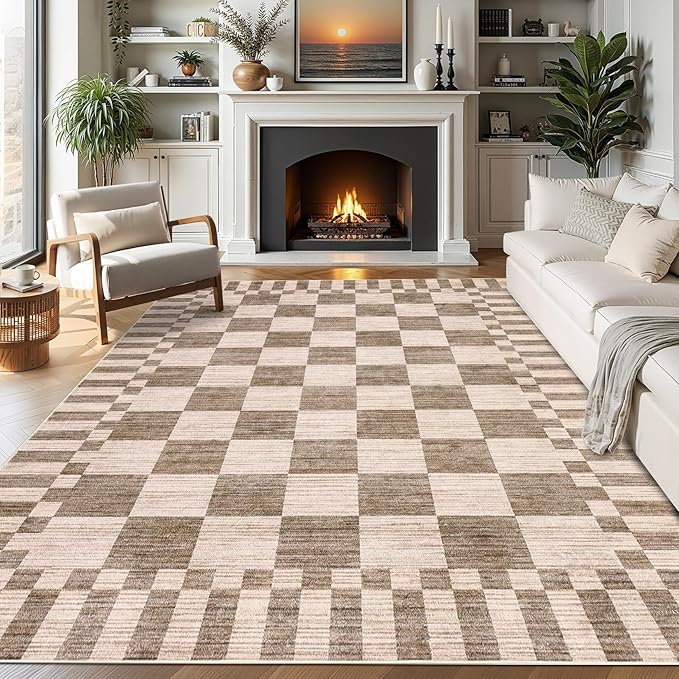 GarveeHome Brown Checkered Rug 5×7 Area Rugs for Living Room，Geometric Tan Brown Print Non-Slip Washable Rug Soft Low-Pile, Neutral Modern Farmhouse Rugs for Bedroom Dining Room Office