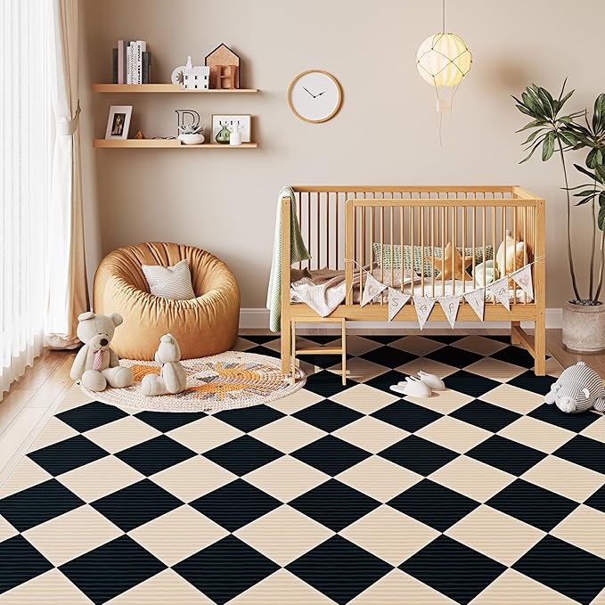 8x10 Washable Checkered Rugs for Bedroom, Black and Beige Area Rug for Living Room, Geometric Faux Wool Carpet for Kids, Girls, Boys Playroom, Dorm, Nursery, Dining Room, Kitchen, Non Slip