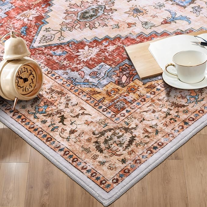 Ciicool 5x7 Area Rugs, Washable Area Rug Boho Rugs for Living Room Non-Slip Indoor Rugs Large Low-Pile Mat Floor Carpet Vintage Rug for Bedroom Office Dinning Foyer Decor