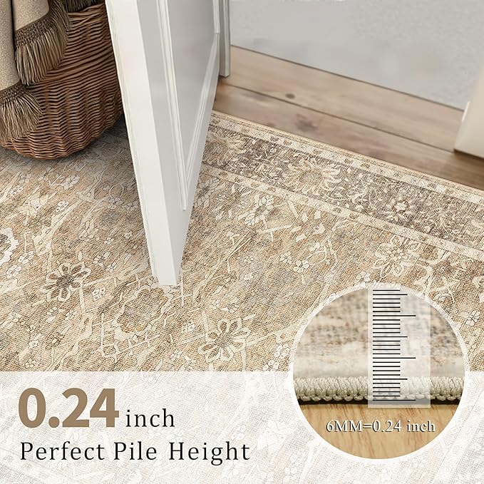 2x6 Beige Vintage Washable Runner Rugs for Hallway Kitchen Boho Hallway Rug Low Pile Non-Slip Retro Distressed Accent Throw Rug for Entryway Bathroom Bedroom Beige
