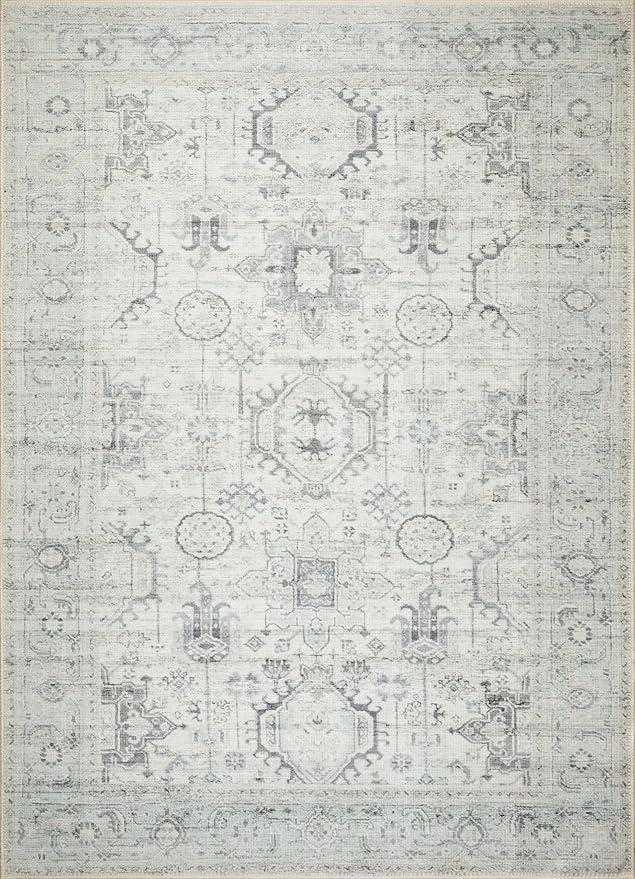 GLN Rugs Bohemian Collection - Machine Washable Area Rug, Bohemian Vintage, Non Slip, Low Pile Chenille Rug, Living Room, Bedroom, Bathroom Rug (6'x9' Beige and Gray)