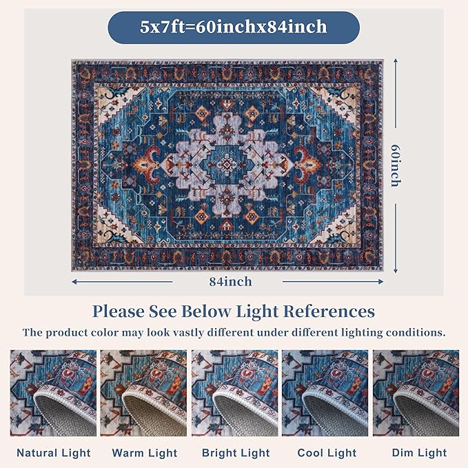 Ciicool Area Rug 5x7ft Washable Rugs for Living Room Non-Slip Indoor Rugs Large Low-Pile Mat Floor Carpet Vintage Rug for Bedroom Dinning Foyer Decor