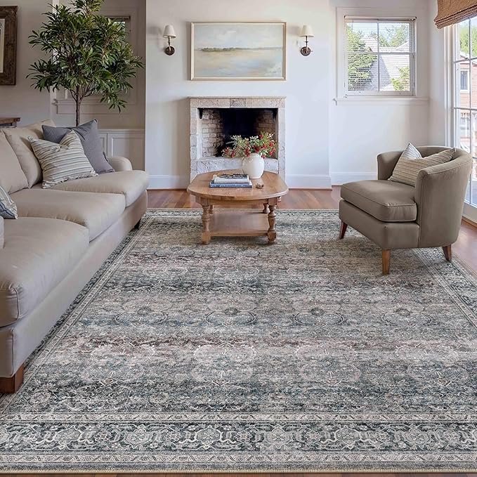 HUGEAR Washable Area Rug Vintage Neutral Living Room Bedroom Rug Large Soft Non Slip Distressed Low Pile Carpet
