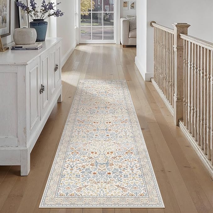 HUGEAR Vintage Floral 2x8 Machine Washable Runner Rugs Beige Hallway Rug Retro Neutral Stain Resistant Non Slip Low Pile Throw Carpet for Bedroom Kitchen Aesthetic Modern Decor
