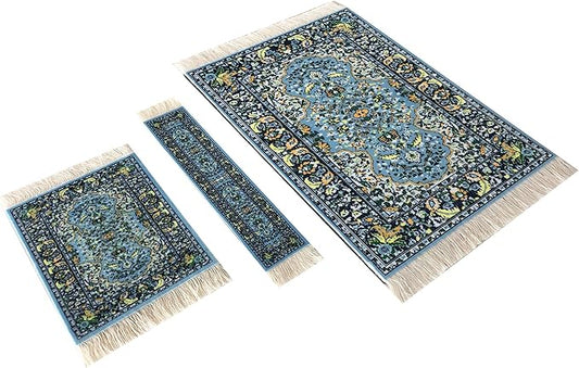 3-Piece Carpet-Style Desk Set – Blue Mouse Pad, Mini Rug Coaster & Bookmark, Colorful Elegant Office Accessories, Novelty Gift