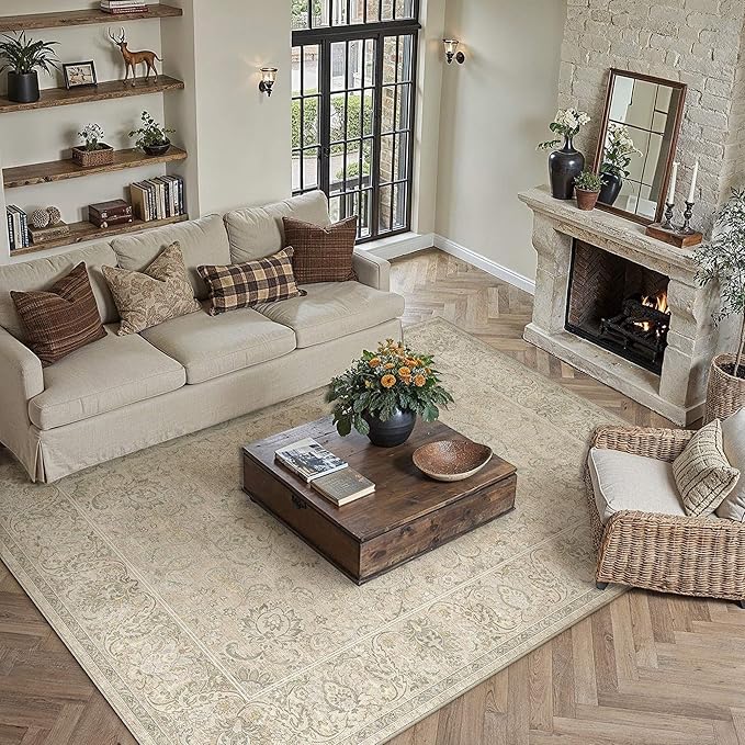 HUGEAR 5x7 Machine Washable Area Rugs Vintage Beige - Neutral Living Room Bedroom Rug Non Slip Stain Resistant Low Pile Aesthetic Throw Carpet Kids & Pet Friendly
