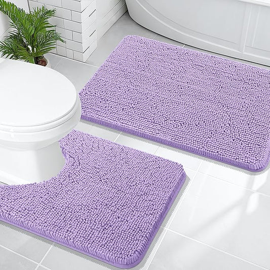 OLANLY Bathroom Rugs Sets 2 Piece, Soft Absorbent Chenille Bath Mats and U-Shaped Contour Toilet Mat Area Rug Set, Machine Washable Bath Carpet, Home Decor Accessories(30"x20"+24"x20", Lavender)