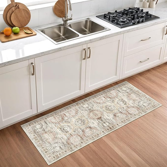 2x5 Rug Runner Washable for Entryway, Soft Bathroom Rugs with Non-Slop Backing, Abstract Low Pile Hallway Runner, Vintage Small Kitchen Carpet for Stair, Laundry Room(2'x5', Brown/Pink)