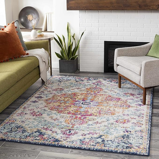 Hauteloom Kaleidoscope 10' x 14' Moroccan Bohemian Updated Traditional - Oriental Area Rug - Rectangle - Polypropylene - Saffron, Light Gray, Charcoal, Teal, Dark Blue, Garnet, Burnt Orange, Beige