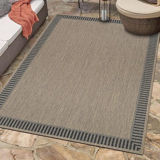 Couristan Recife Indoor Outdoor Rug - Wicker Stitch 7'6" x 10'9" Rectangle in Cocoa Brown and Black, Hose Washable, Low Pile, Pet- Kid Friendly Home Decor for Living Room, Patio Furniture Set, Kitchen