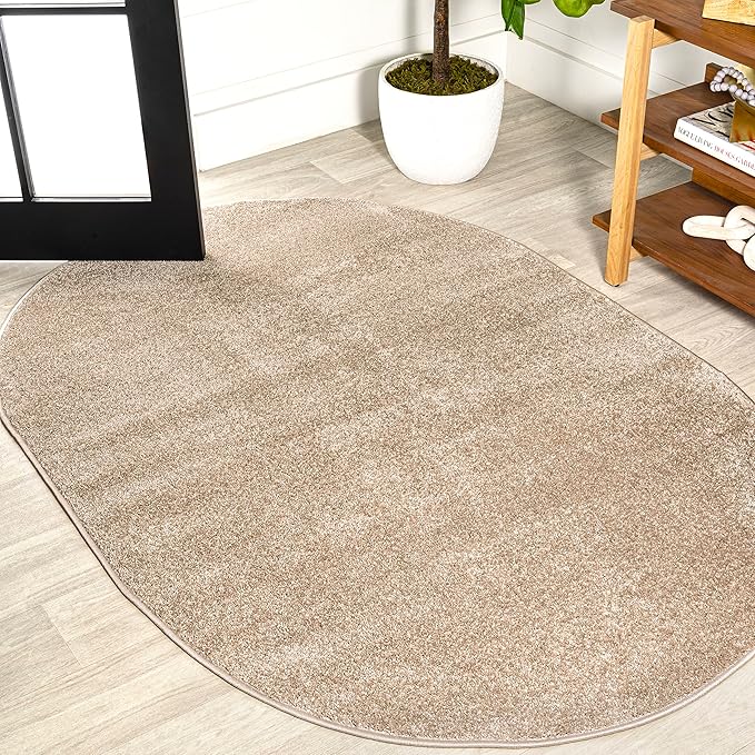 Eyely UES100G-5OV Supersoft Haze Solid Low-Pile Indoor Area Rug, Coastal, Bohemian, Minimalist, Classic, Casual for Bedroom,Kitchen,Living Room,Non Shedding,Easy-Washing, Beige, 5 X 8 Oval