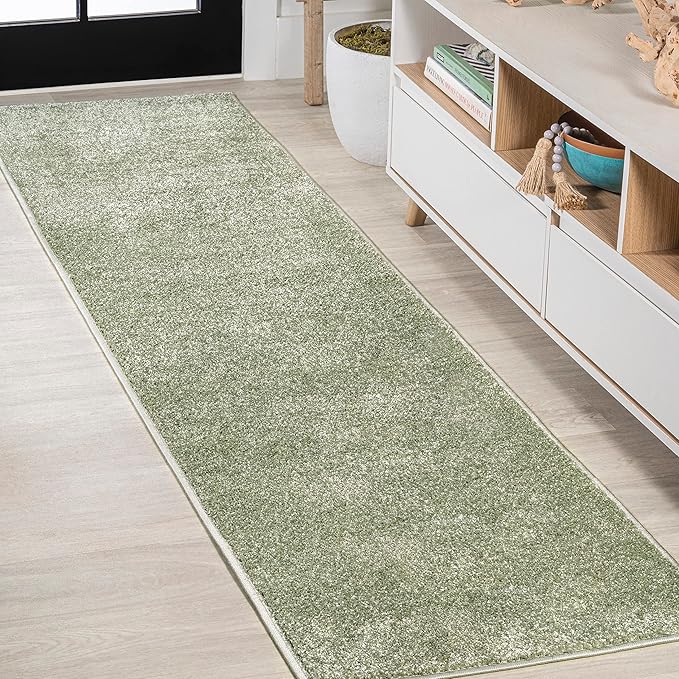 Eyely UES100O-214 Supersoft Haze Solid Low-Pile Indoor Runner Rug, Coastal, Bohemian, Minimalist, Classic, Casual for Bedroom,Kitchen,Living Room,Non Shedding,Easy-Washing, Green, 2 X 14