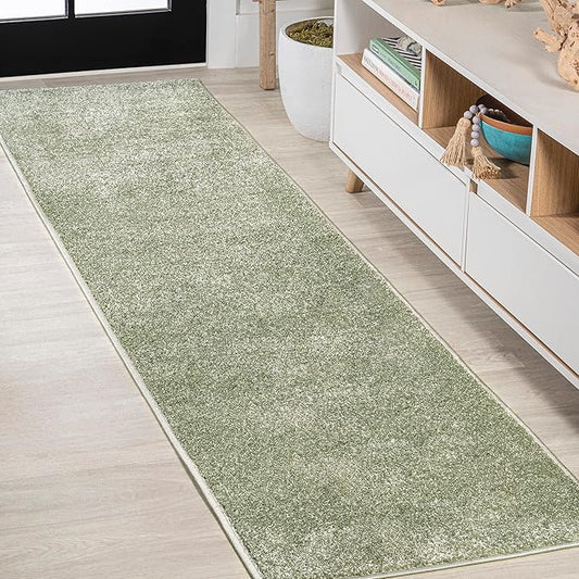 Eyely UES100O-216 Supersoft Haze Solid Low-Pile Indoor Runner Rug, Coastal, Bohemian, Minimalist, Classic, Casual for Bedroom,Kitchen,Living Room,Non Shedding,Easy-Washing, Green, 2 X 16