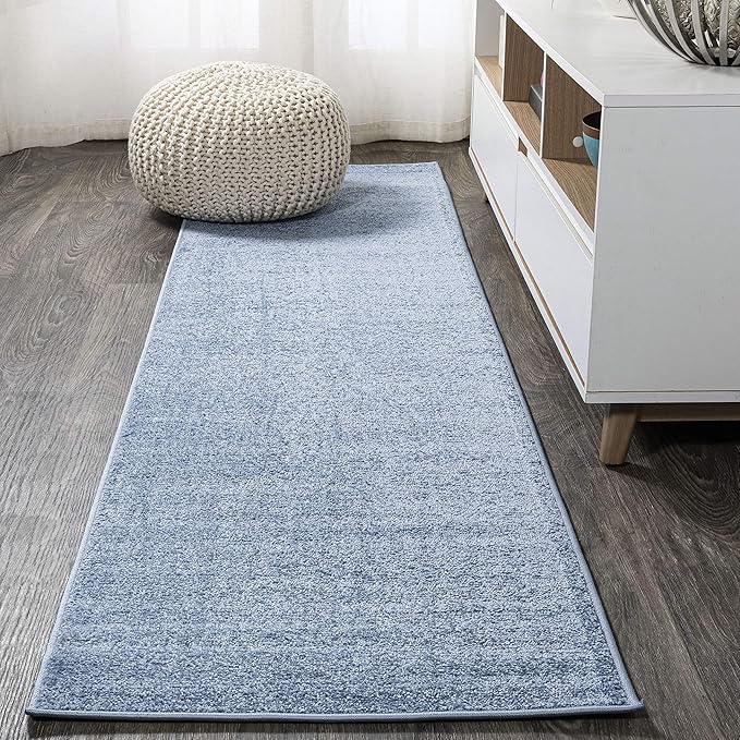Eyely UES100F-214 Supersoft Haze Solid Low-Pile Indoor Runner Rug, Coastal, Bohemian, Minimalist, Classic, Casual for Bedroom,Kitchen,Living Room,Non Shedding,Easy-Washing, Blue, 2 X 14