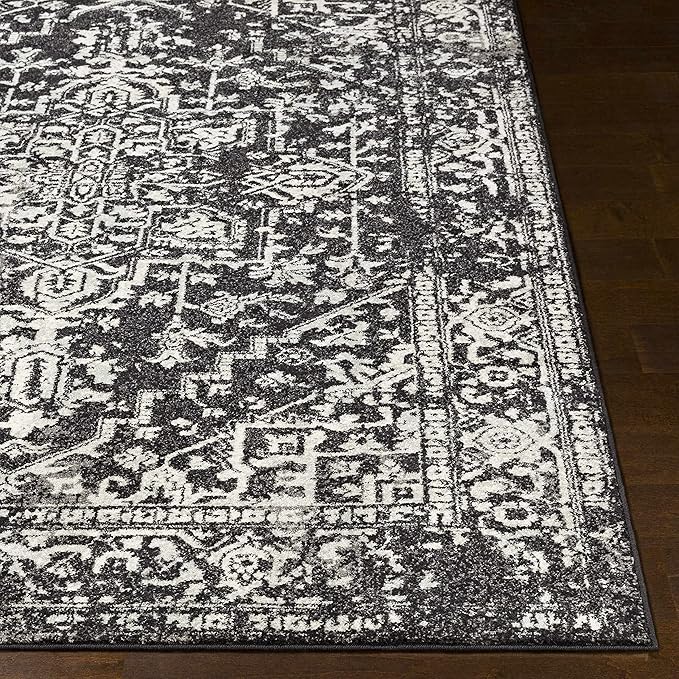Hauteloom Eon Medallion Living Room Area Rug - Moroccan Bohemian Farmhouse - Traditional Vintage - Black, White, Ivory - 5'3" x 7'3"