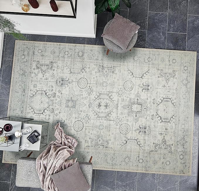 GLN Rugs Bohemian Collection - Machine Washable Area Rug, Bohemian Vintage, Non Slip, Low Pile Chenille Rug, Living Room, Bedroom, Bathroom Rug (6'x9' Beige and Gray)