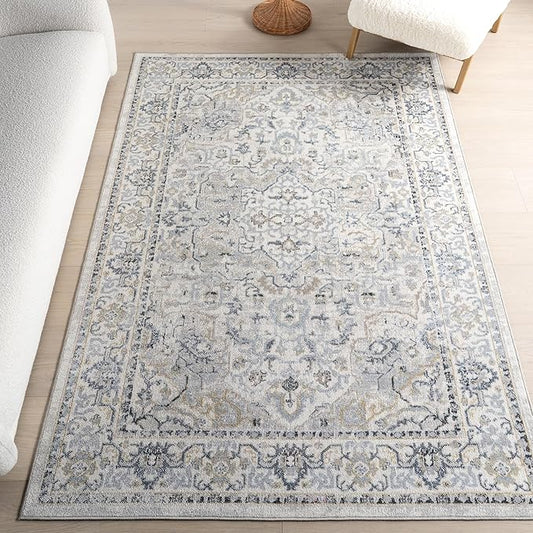 nuLOOM SpinClean Cady Blue/Cream, 4' x 6', Vintage Oriental, Soft and Cozy, High Traffic, Stain Resistant, Easy Clean, Durable, Machine Washable Runner for Bedroom, Living Room, Dining, Foyer