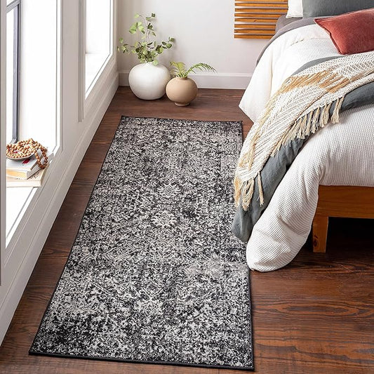 Hauteloom Eon Medallion Hallway Runner Rug - Moroccan Bohemian Farmhouse - Traditional Vintage - Black, White, Ivory - 2'7" x 7'3"