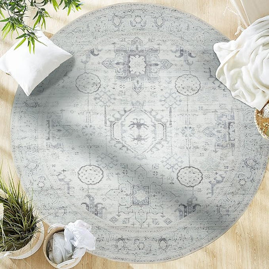 GLN Rugs Bohemian Collection - Machine Washable Area Rug, Bohemian Vintage, Non Slip, Low Pile Chenille Rug, Living Room, Bedroom, Bathroom Rug (5'3" Round Beige/Gray)