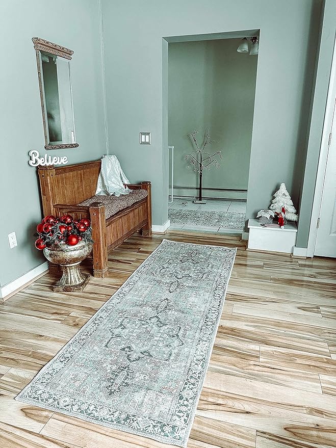 Hauteloom Nyx Vintage Distressed Faded Area Rug - Oriental Bohemian Turkish Floral Carpet - Machine Washable Rug - Stain Resistant - Pet Friendly - Brown, Sage, Olive, Green - 5'3" x 7' (5x7)