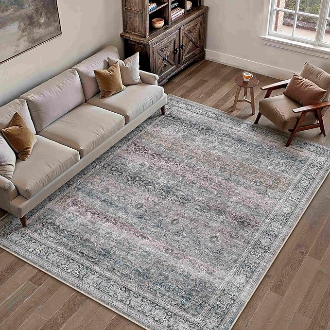 HUGEAR 6x9 Washable Area Rug Vintage Neutral Living Room Bedroom Rug Large Soft Non Slip Distressed Low Pile Carpet