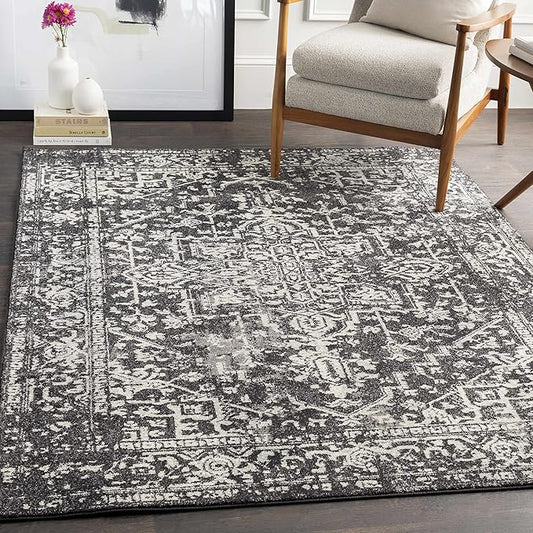 Hauteloom Eon Medallion Small Area Rug - Moroccan Bohemian Farmhouse - Black, White, Ivory - 2' x 3'