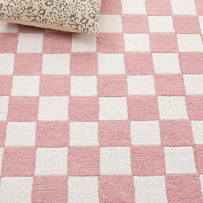 SAFAVIEH Area Rug 4x6 - Ebony Collection - Pink & Ivory, Handmade Wool, Checkered Design, Ideal for Living Room, Bedroom, Dining Space (EBN175U)