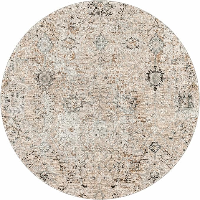 Hauteloom Claydon Moroccan Farmhouse Living Room Bedroom Dining Room Round Area Rug with Tassles - Bohemian Neutral Style - Traditional, Oriental, Turkish - Beige, Brown, Cream - 5'3" Round