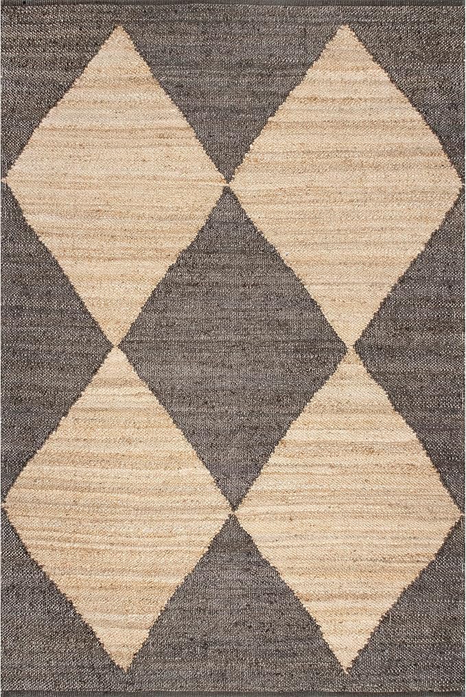 nuLOOM Pandora Diamond Jute Area Rug - 6' x 8', 8' 10' Geometric Jute & Cotton Square Medium Pile Indoor Bohemian Handcrafted Living Room Dining Room Bedroom Kitchen Hallway High Traffic Area Rug