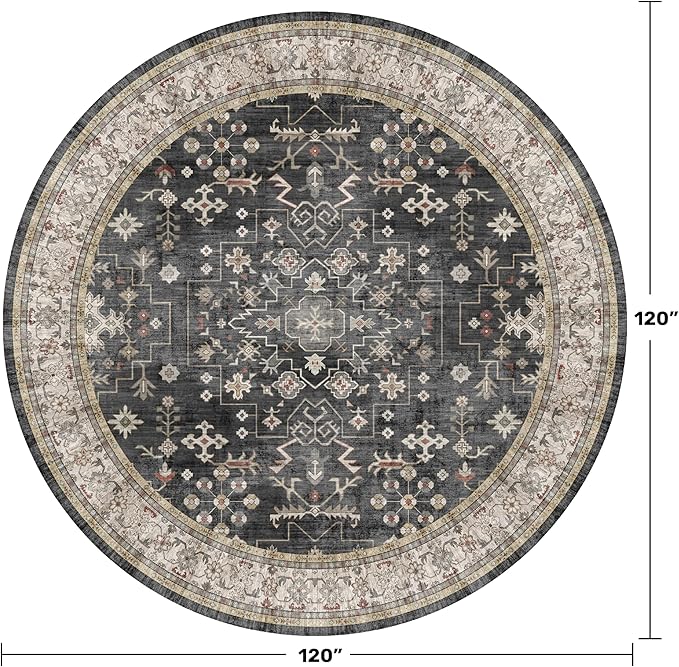 10ft Round Washable Rug - Large Area Rug for Living Room, Dining Room, Black Soft Farmhouse Bedroom Carpet with Geometric Floral Pattern, Modern Boho Décor, Low Pile & Soft Stain Resistant