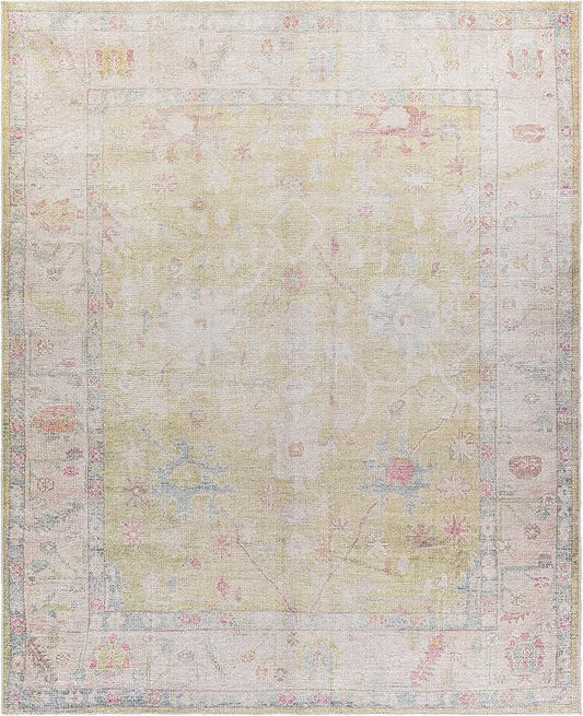 Hauteloom Zinnia Vintage Distressed Faded Area Rug - Oriental Bohemian Turkish Floral Carpet - Machine Washable Rug - Stain Resistant - Pet Friendly - Pink, Green, Blue, Colorful - 8'10" x 12'
