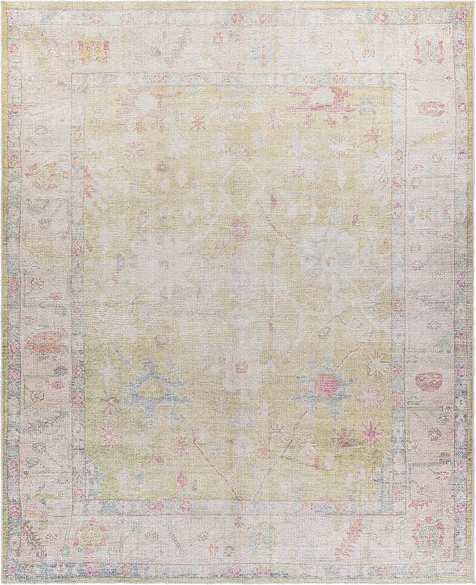 Hauteloom Zinnia Vintage Distressed Faded Area Rug - Oriental Bohemian Turkish Floral Carpet - Machine Washable Rug - Stain Resistant - Pet Friendly - Pink, Green, Blue - 7'6" x 9'6" (8x10)